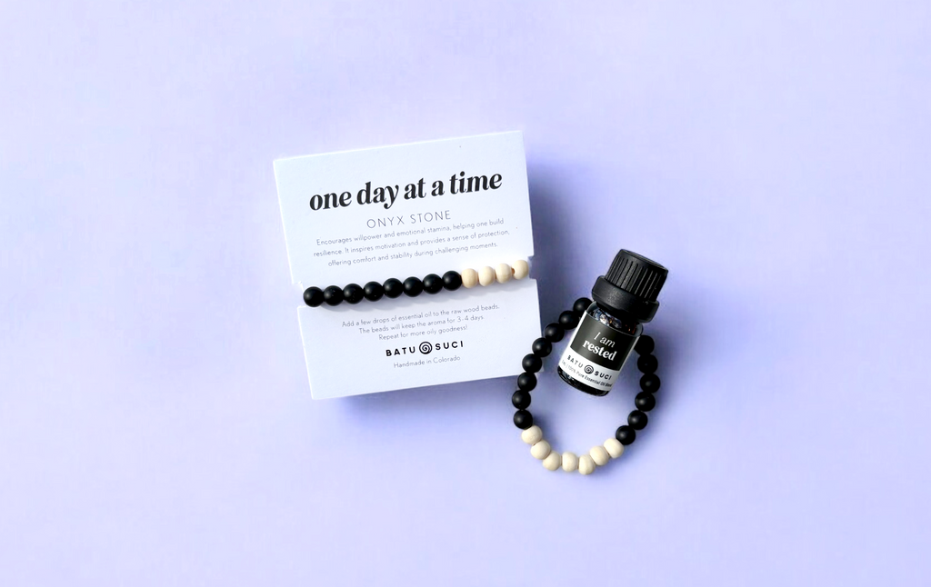 One Day at a Time Onyx Diffuser Bracelet and I Am Rested Essential Oil