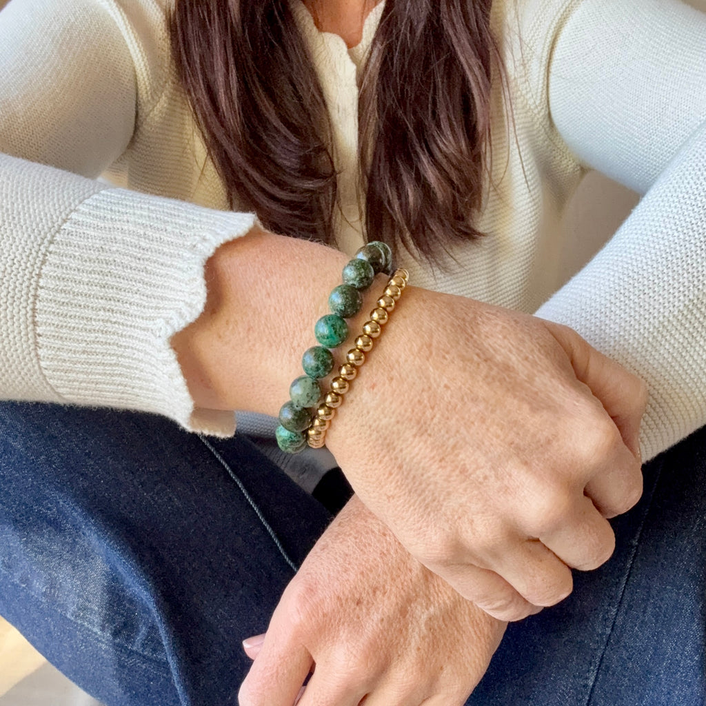 You're Golden 6mm gold bracelet paired with African Turquoise Luxe Line bracelet for ultimate chic bracelet stack.